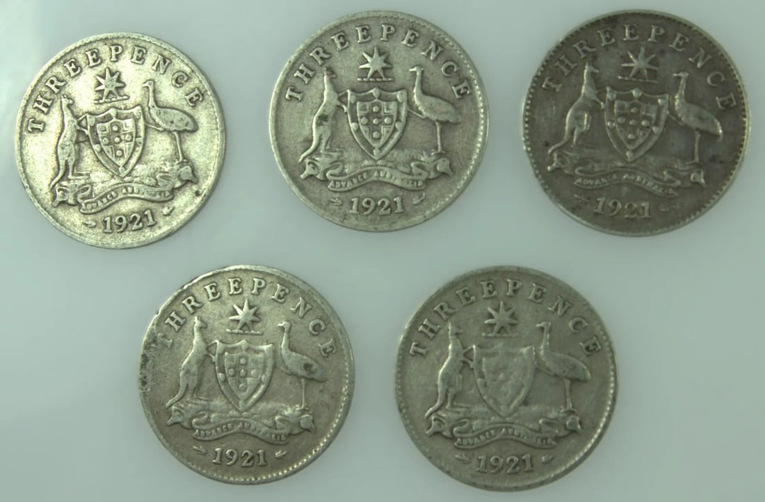 AUSTRALIA 1921 (M) THREEPENCES, VG/FINE (5 COINS) (1 of 2)