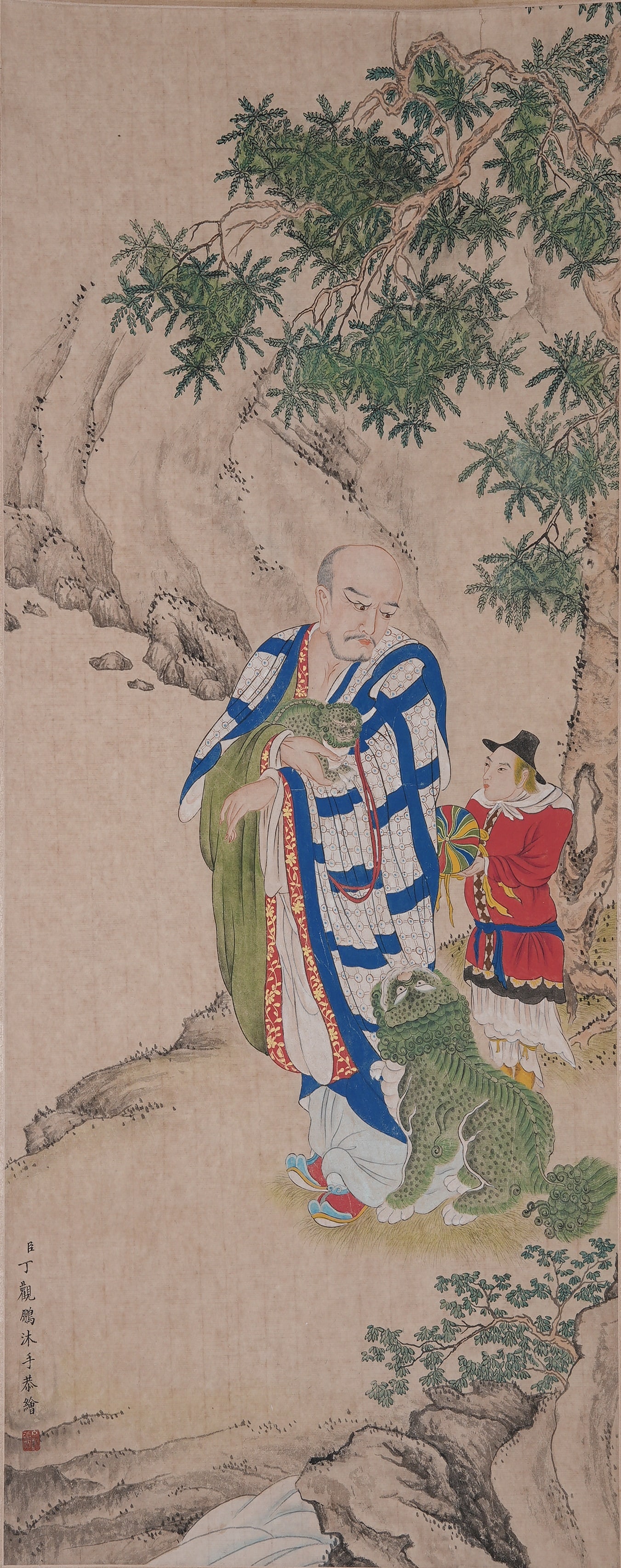 A ARHAT PAINTING ON PAPER BY DING GUANPENG.丁觀鵬: Arhat Painting on Paper by Ding Guanpeng.丁觀鵬
