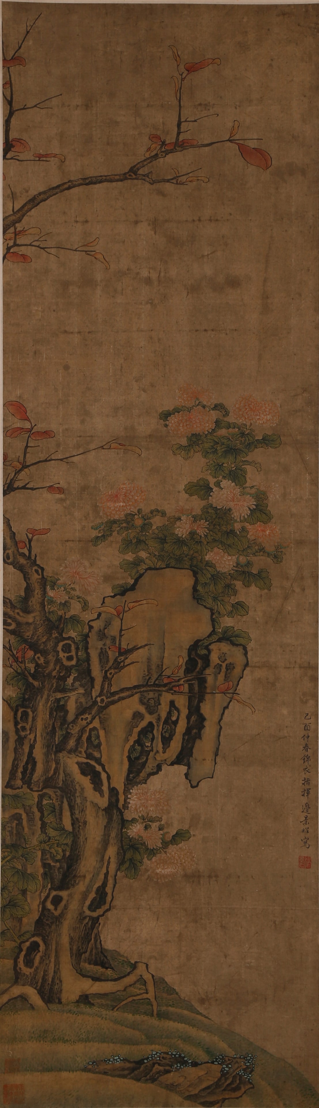 A ROCKERY AND FLORAL PAINTING ON SILK BY BIAN JINGZHAO.邊景昭: Rockery and Floral Painting on Silk by Bian Jingzhao.邊景昭