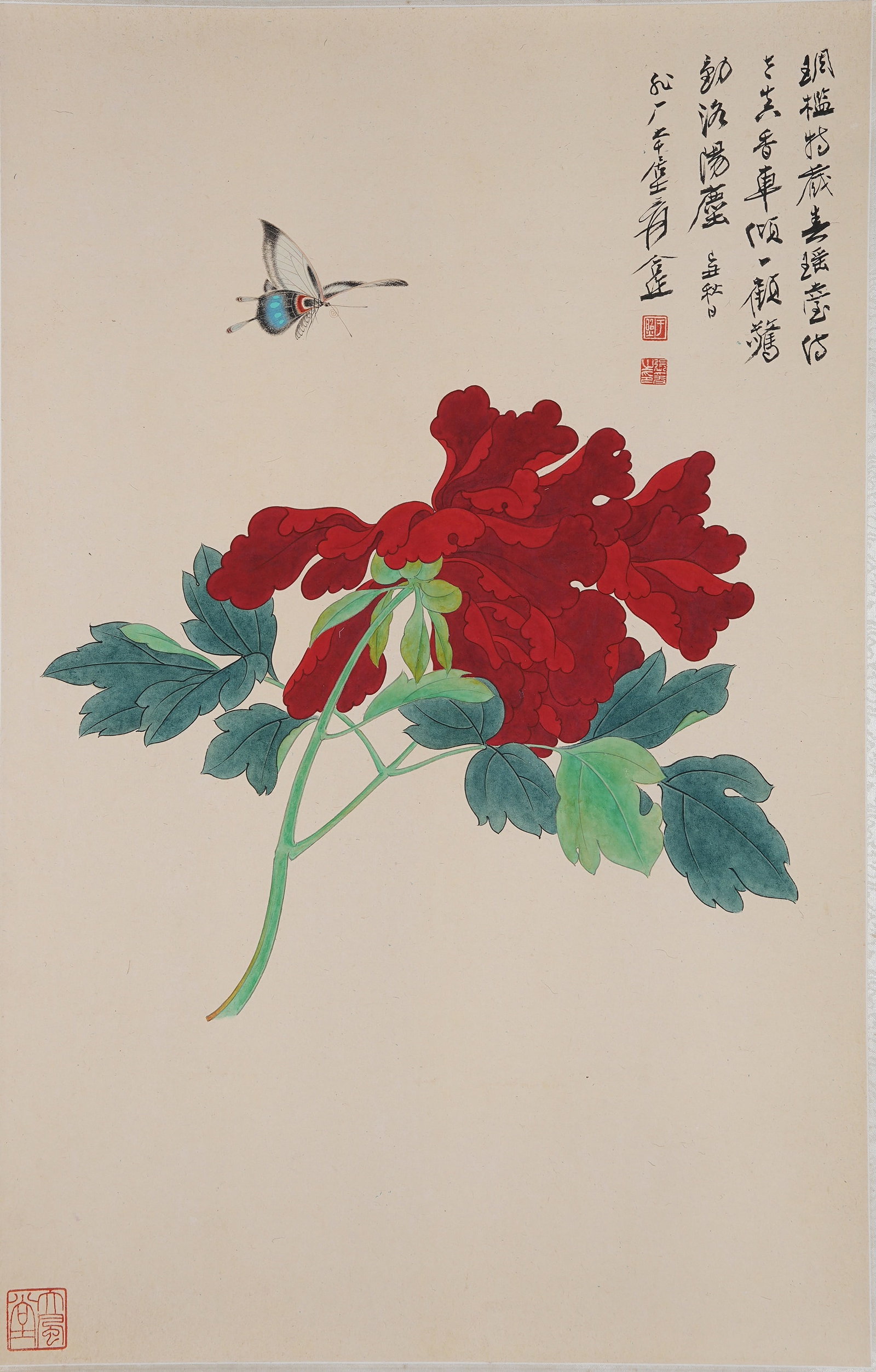 A FLOWER AND BUTTERFLY PAINTING ON PAPER BY ZHANG DAQIAN.張大千: Flower and Butterfly Painting on Paper by Zhang Daqian.張大千