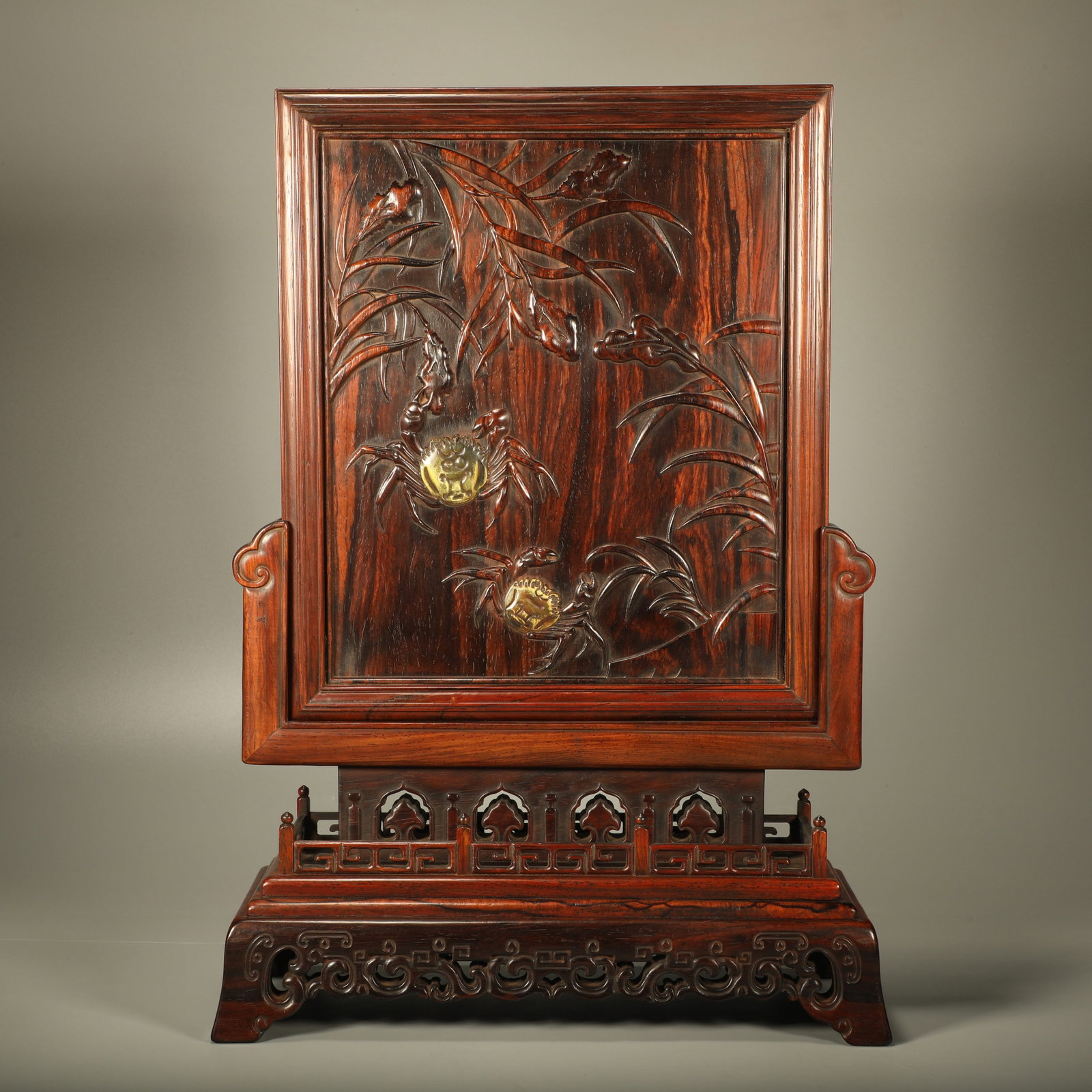 A PADAUK STANDING SCREEN CARVED WITH POEM AND SECOND PLACE CIVIL EXAM MOTIF: Padauk Standing Screen Carved with Poem and Second Place Civil Exam Motif