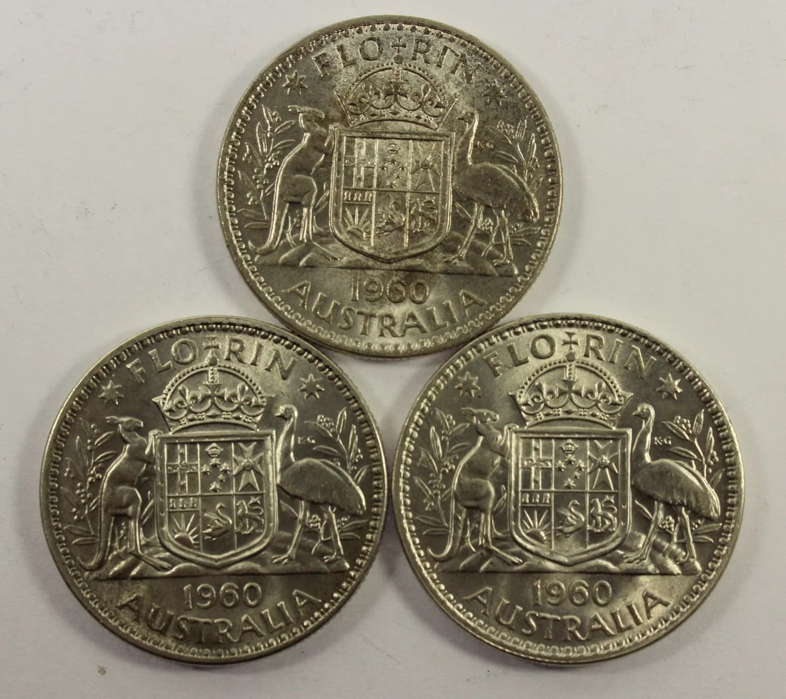 AUSTRALIA 1960 FLORINS, LUSTROUS CHOICE UNCIRCULATED (3 COINS) (1 of 2)