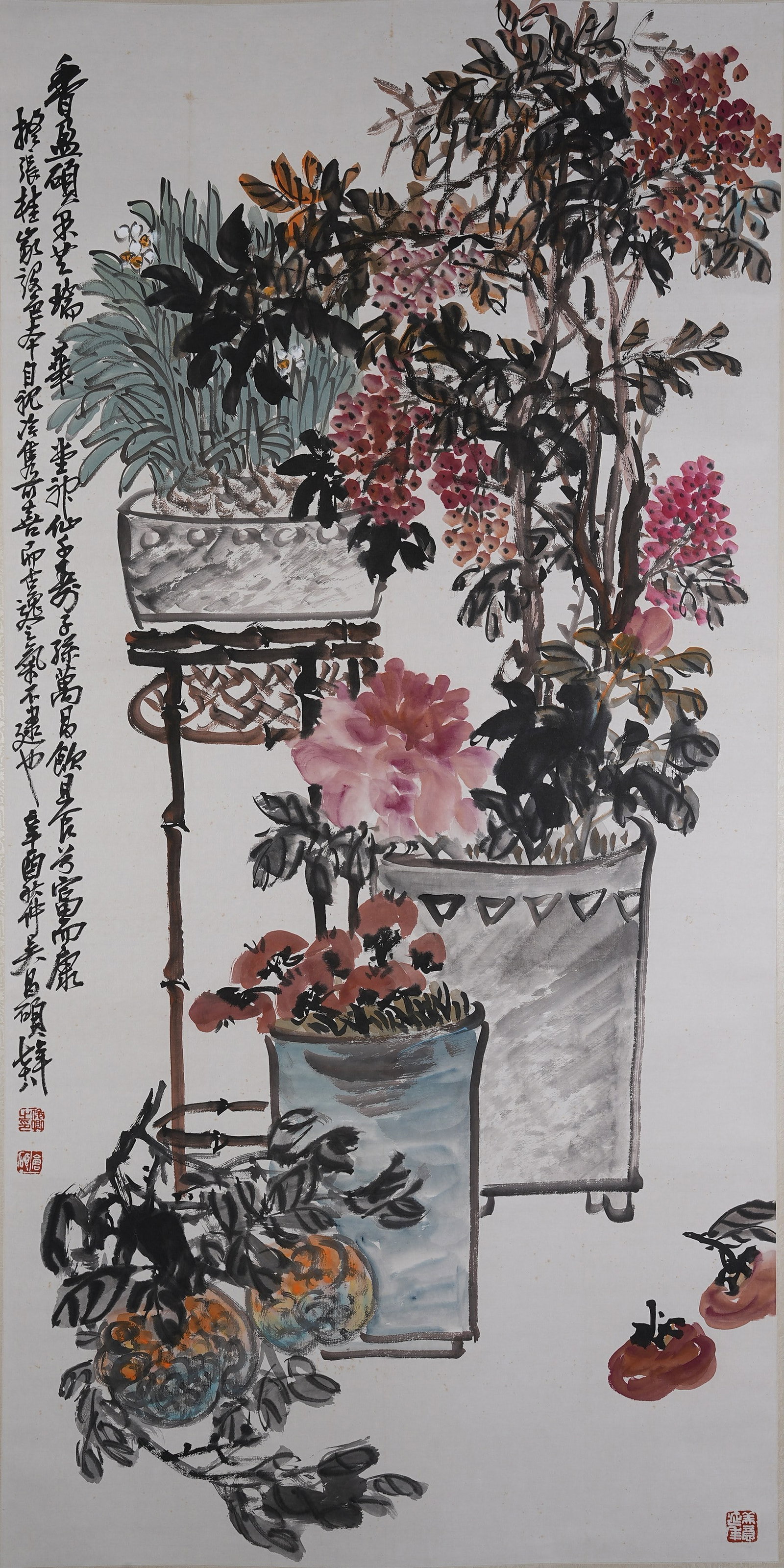 A FLOWER PAINTING ON PAPER BY WU CHANGSHUO.吳昌碩: Flower Painting on Paper by Wu Changshuo.吳昌碩