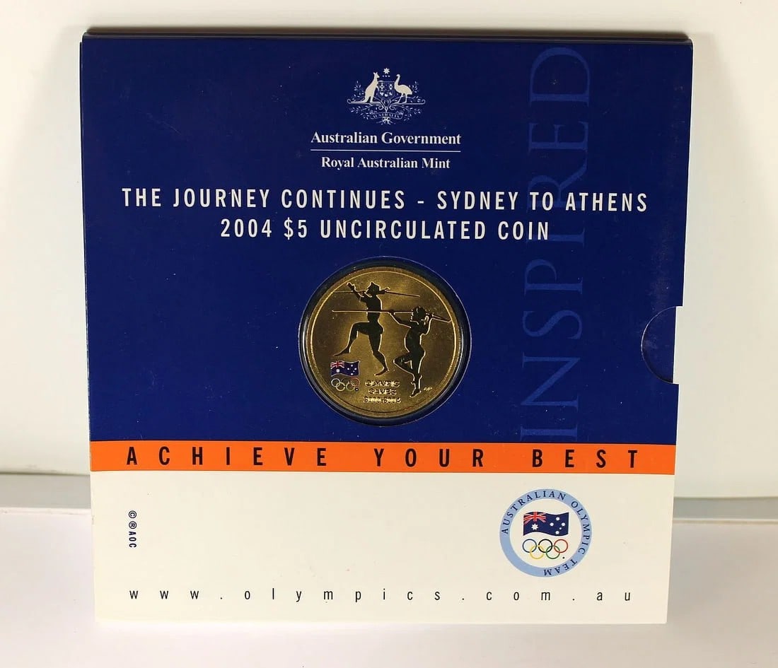 AUSTRALIA 2004 'SYDNEY TO ATHENS' AL-BR FIVE DOLLAR, UNCIRCULATED: Australia 2004 'Sydney to Athens' Al-Br Five Dollar, Uncirculated