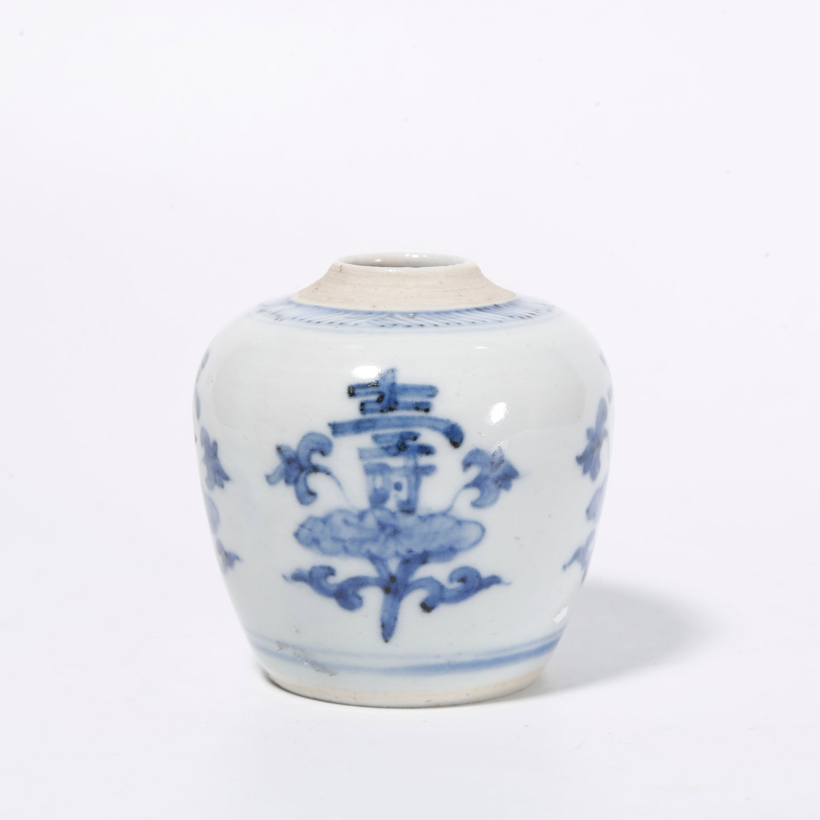 A BLUE AND WHITE JAR WITH LONGEVITY CHARACTER MOTIFS