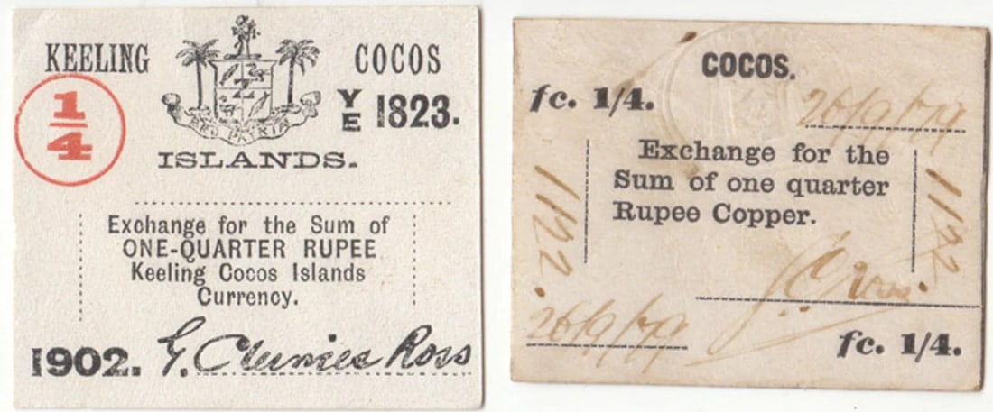 COCOS-KEELING ISLANDS QUARTER RUPEE BANKNOTE DATED 26/9/(18)79, UNCIRCULATED (2 ITEMS): Cocos-Keeling Islands Quarter Rupee Banknote dated 26/9/(18)79, Uncirculated (2 items)
