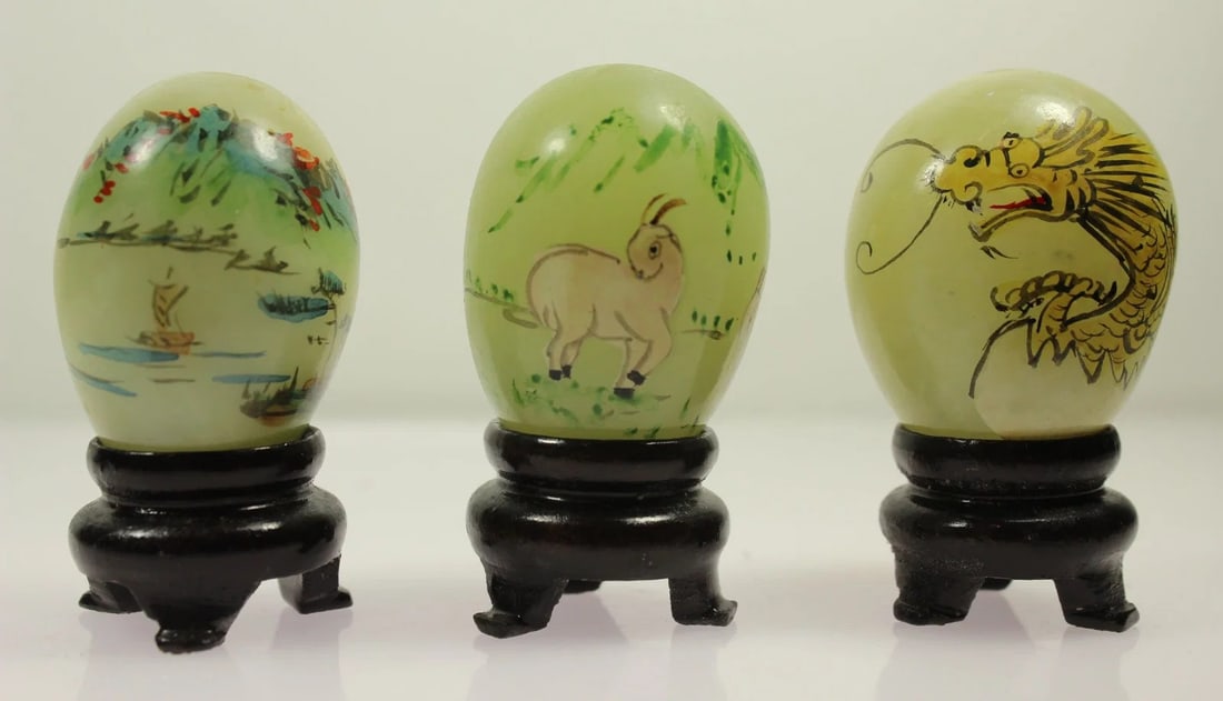 HAND PAINTED AGATE EGGS ON STANDS (3 ITEMS) (1 of 2)