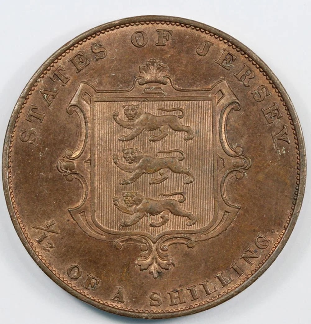 JERSEY 1858 1/13 SHILLING, CHOICE UNCIRCULATED WITH PLENTY OF RED: Jersey 1858 1/13 Shilling, Choice Uncirculated with plenty of Red
