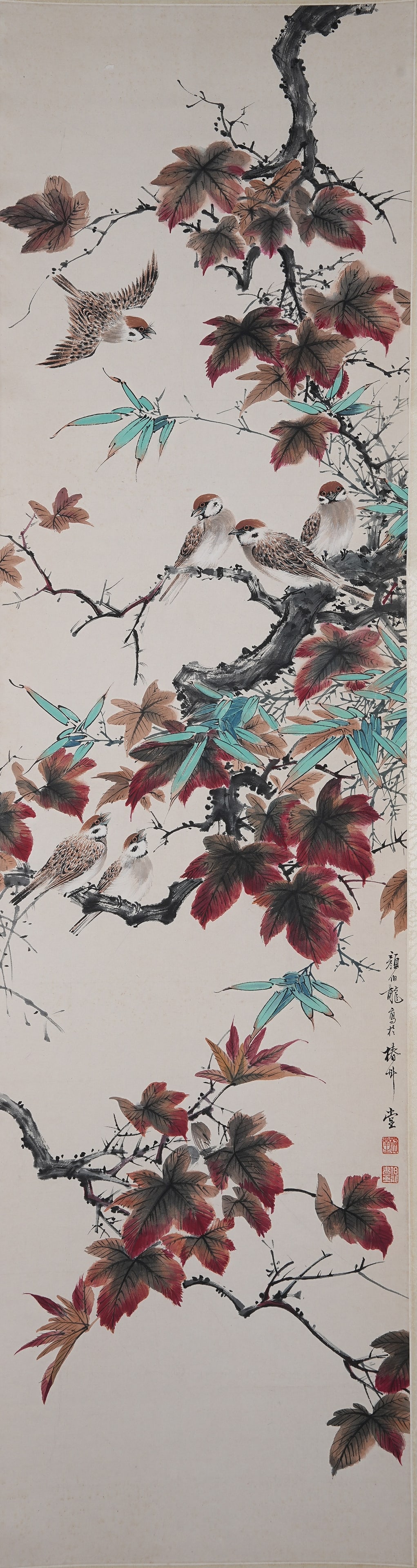 A FLOWER AND BIRD PAINTING ON PAPER BY YAN BOLONG.顏伯龍: Flower and Bird Painting on Paper by Yan Bolong.顏伯龍