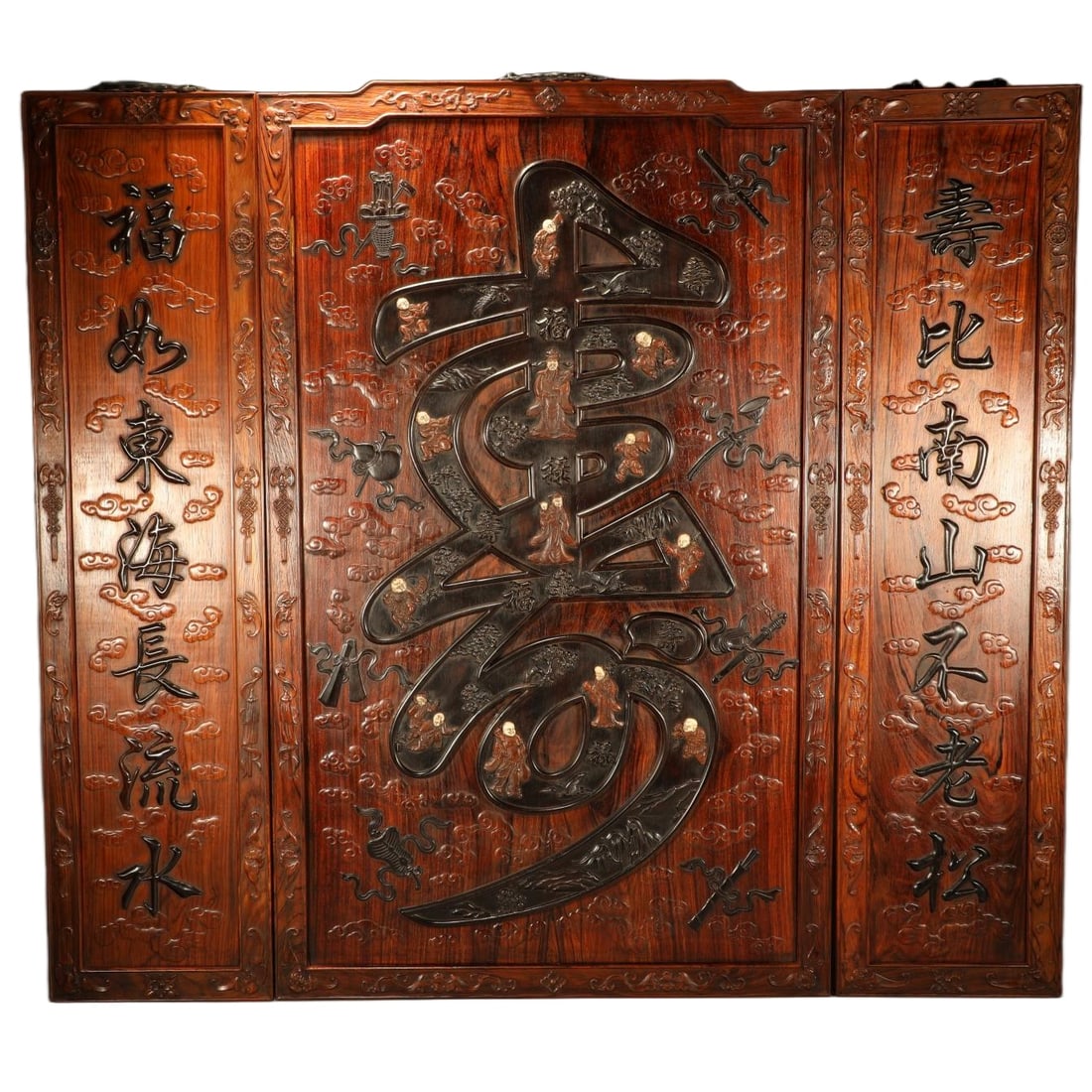 A SET OF PADAUK HANGING SCREENS INLAID WITH RED SANDALWOOD BIRTHDAY BLESSING MOTIFS (1 of 6)