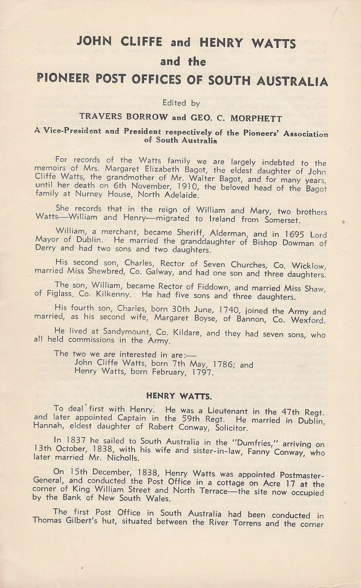 AUSTRALIA PRINTED HISTORY OF 'JOHN CLIFFE AND HENRY WATTS AND THE PIONEER POST OFFICES OF S.A." (1 of 2)