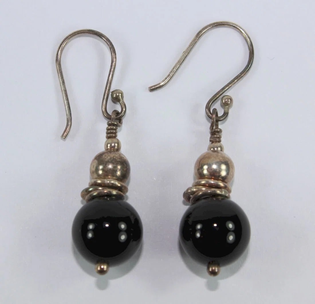 BLACK GLASS DROP EARRINGS WITH STERLING SILVER FIXTURES (1 of 2)