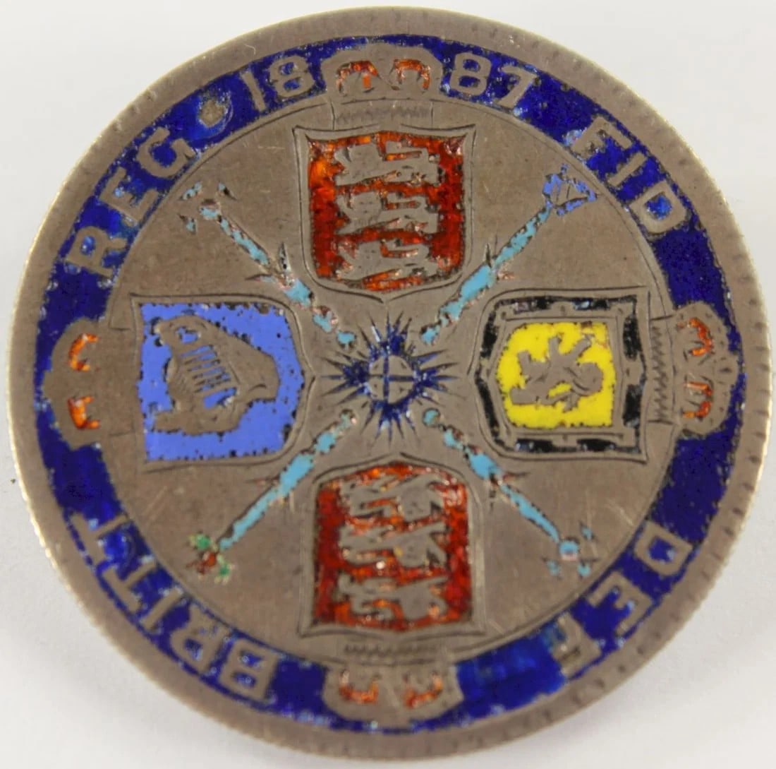 BRITISH 1887 SILVER (925) HALFCROWN ENAMELLED BROOCH (1 of 2)
