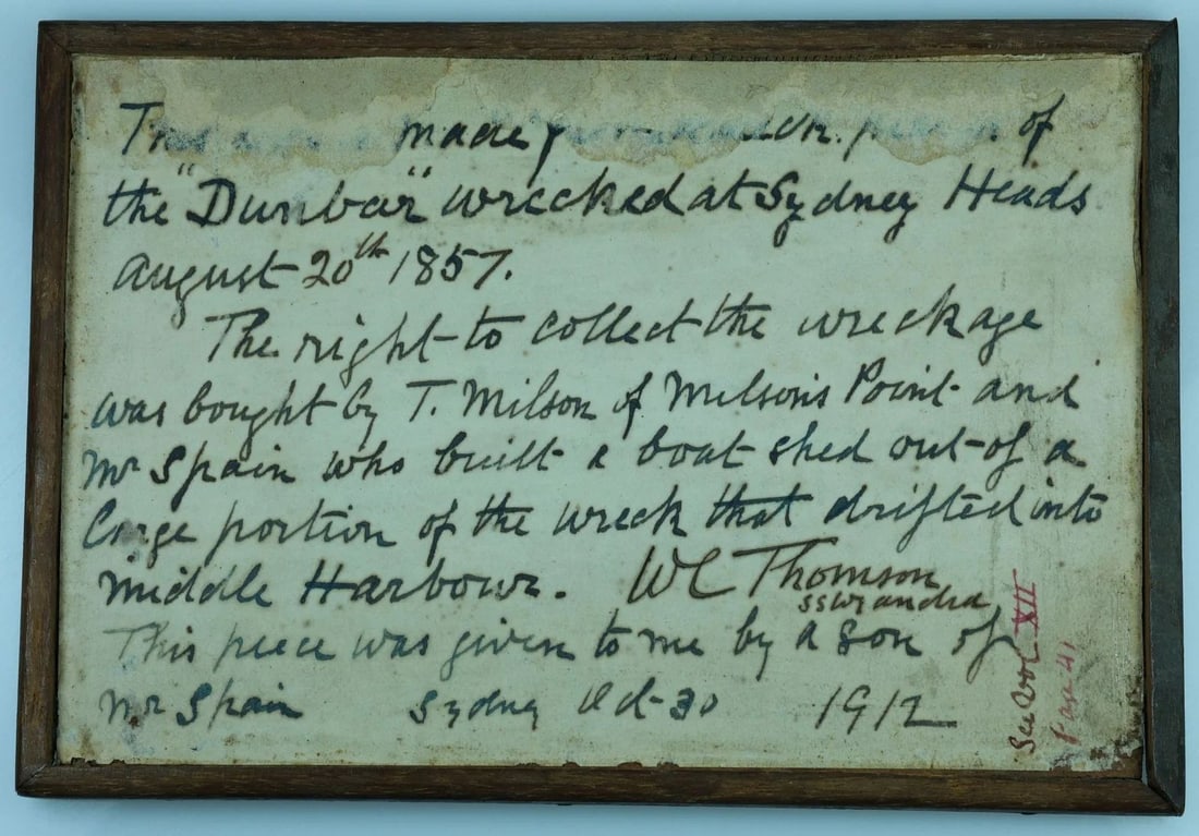 TIMBER FRAME RELIC ON WHICH IS WRITTEN ON THE REVERSE THE "DUNBAR / 20TH AUGUST 1857": Timber frame relic on which is written on the reverse the "Dunbar / 20th August 1857"