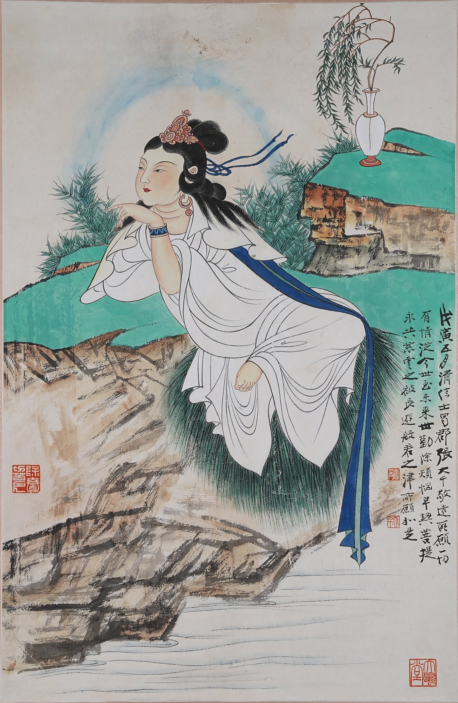 A FREE GUANYIN PAINTING ON PAPER BY ZHANG DAQIAN.張大千: Free Guanyin Painting on Paper by Zhang Daqian.張大千