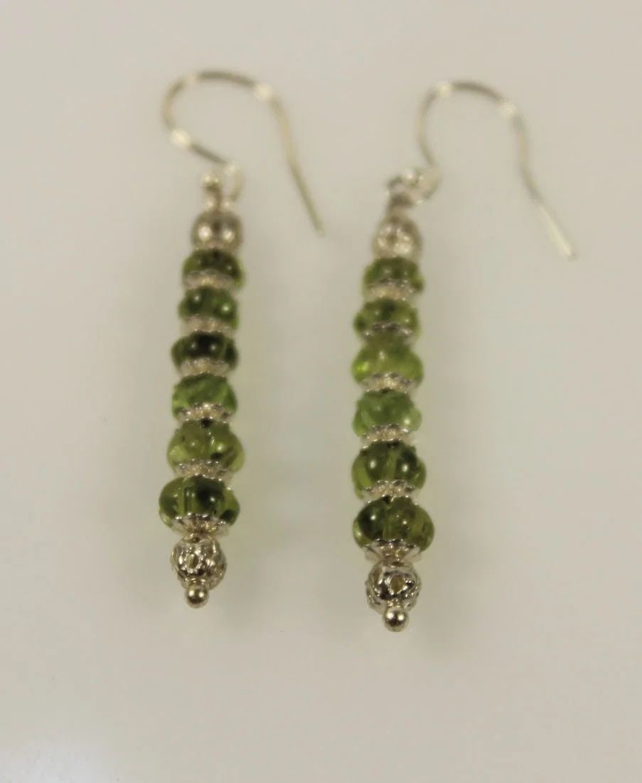 STERLING (925) SILVER CARVED PERIDOT BEAD DANGLE EARRINGS (1 of 2)