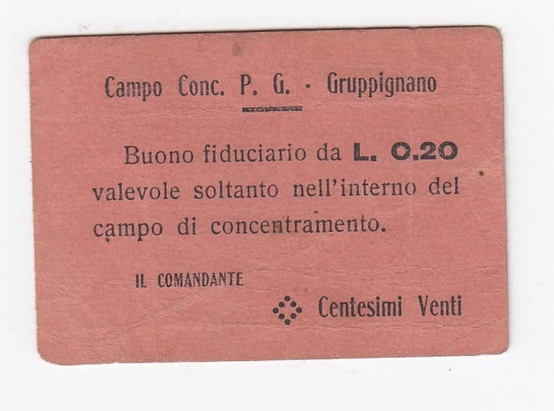 WWI - GRUPPIGGNANO (ITALY) P(RISONER) O(F) W(AR) CAMP 20 LIRE, GOOD VERY FINE & RARE: WWI - Gruppiggnano (Italy) P(risoner) o(f) W(ar) Camp 20 Lire, good Very Fine & Rare