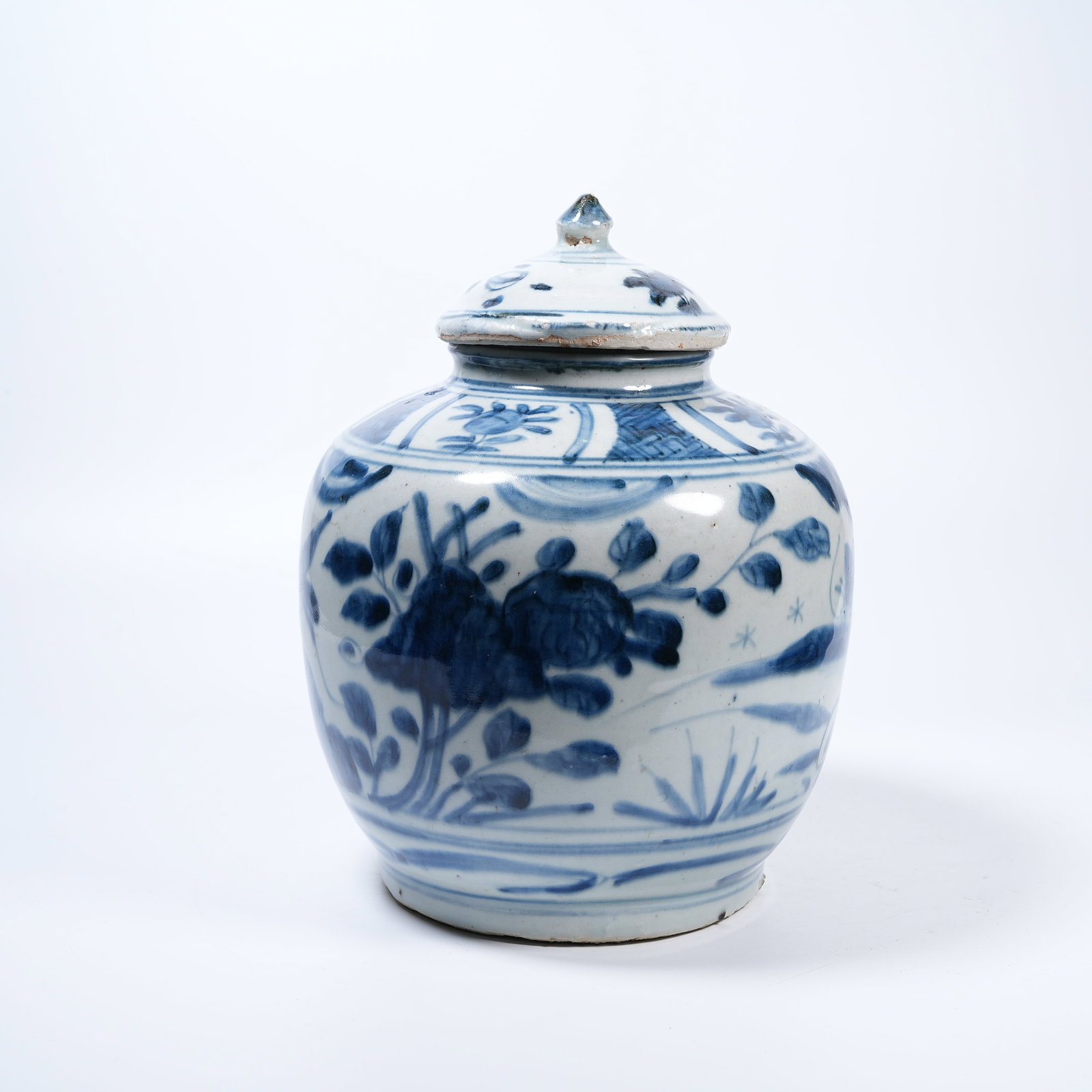 A BLUE AND WHITE COVERED JAR WITH FLOWER AND INSECT PATTERNS (1 of 9)
