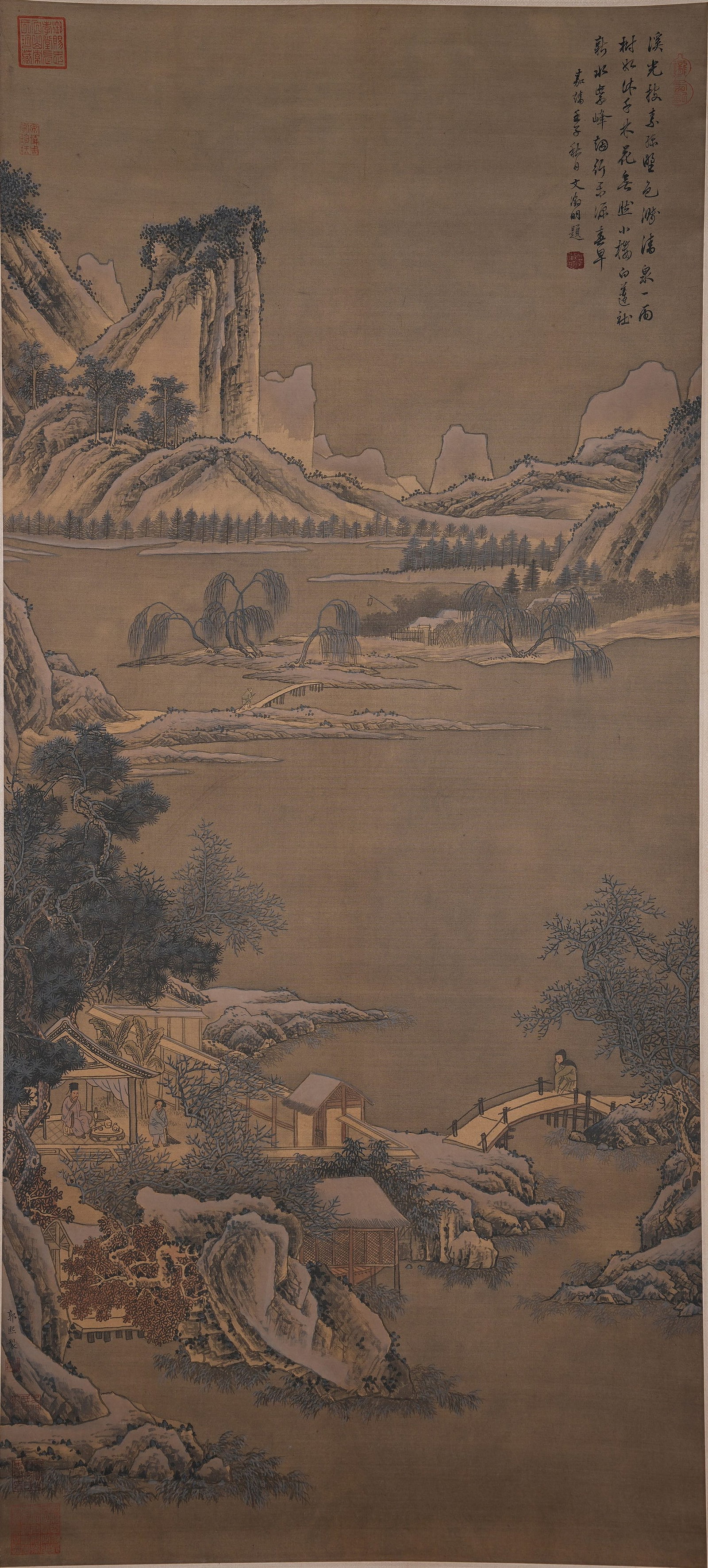 A LANDSCAPE AND PAVILION PAINTING ON SILK BY GUO XI.郭熙: Landscape and Pavilion Painting on Silk by Guo Xi.郭熙