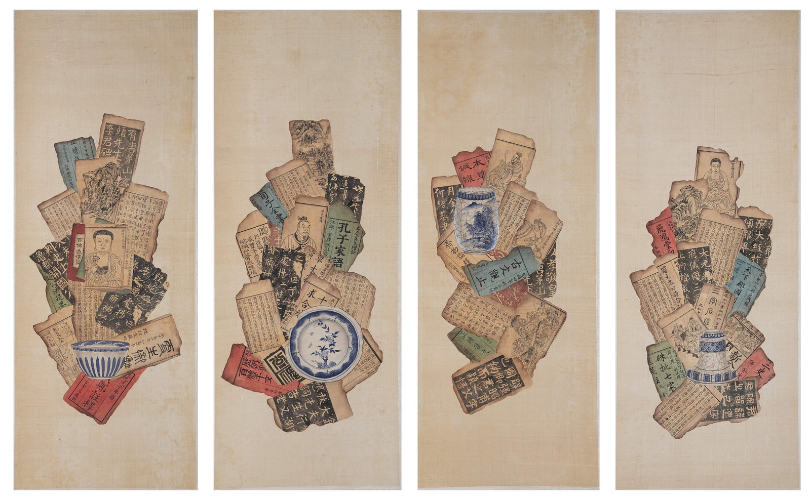 A GROUP OF FOUR SCREENS POCHI PAINTING BY ANONYMOUS. (1 of 15)