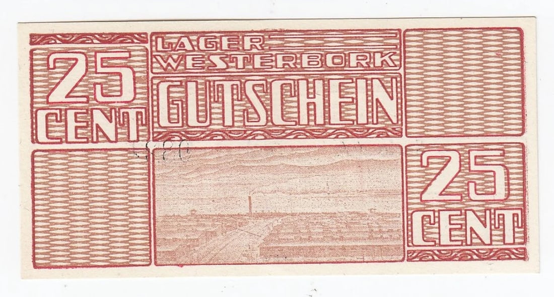 WWII - WESTERBORK (NETHERLANDS) 1944 CONCENTRATION CAMP 25 CENTS, UNCIRCULATED OPQ: WWII - Westerbork (Netherlands) 1944 Concentration Camp 25 Cents, Uncirculated OPQ