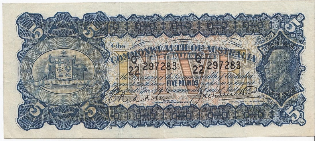 AUSTRALIA 'RIDDLE - HEATHERSHAW' COMMONWEALTH ?5 (1927), VERY FINE WITH CRISP PAPER: Australia 'Riddle - Heathershaw' Commonwealth ?5 (1927), Very Fine with Crisp Paper