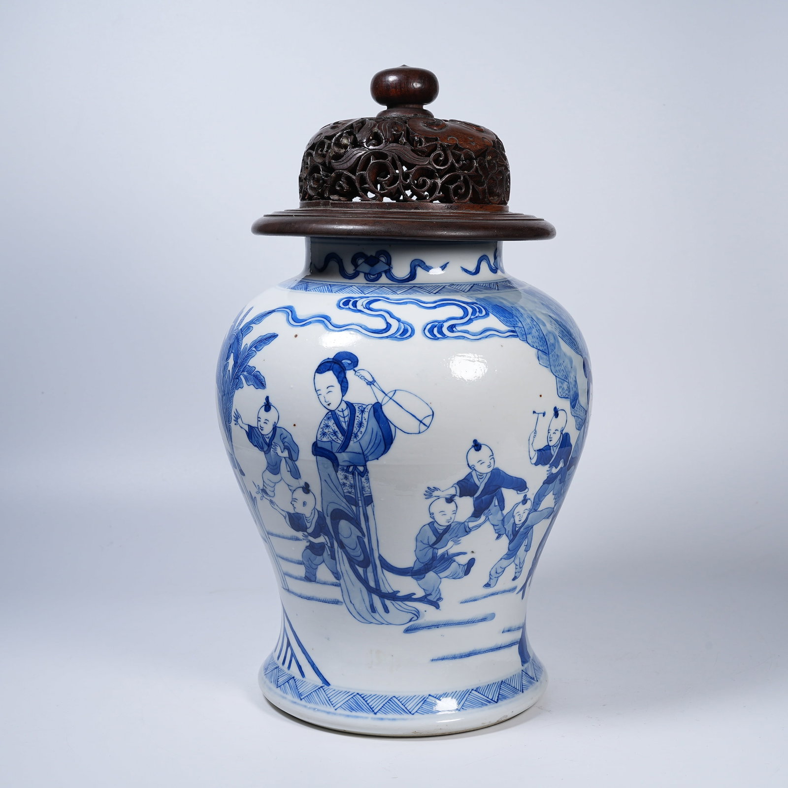 A BLUE AND WHITE COVERED JAR WITH CHILDREN TUTORING SCENE (1 of 9)