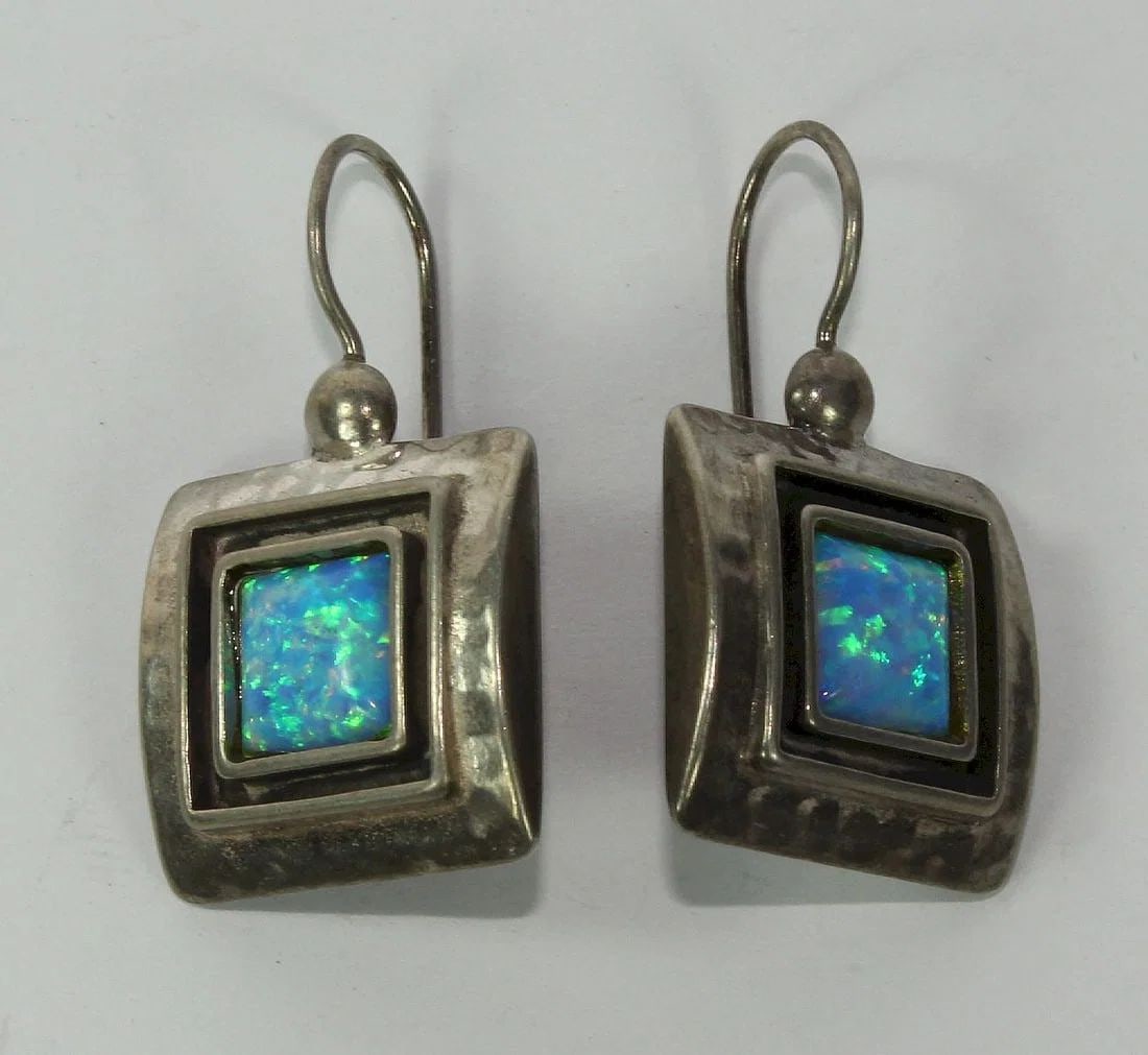SYNTHETIC OPAL HOOK EARRINGS SQUARE-SET IN BEATEN STERLING (925) SILVER (1 of 3)