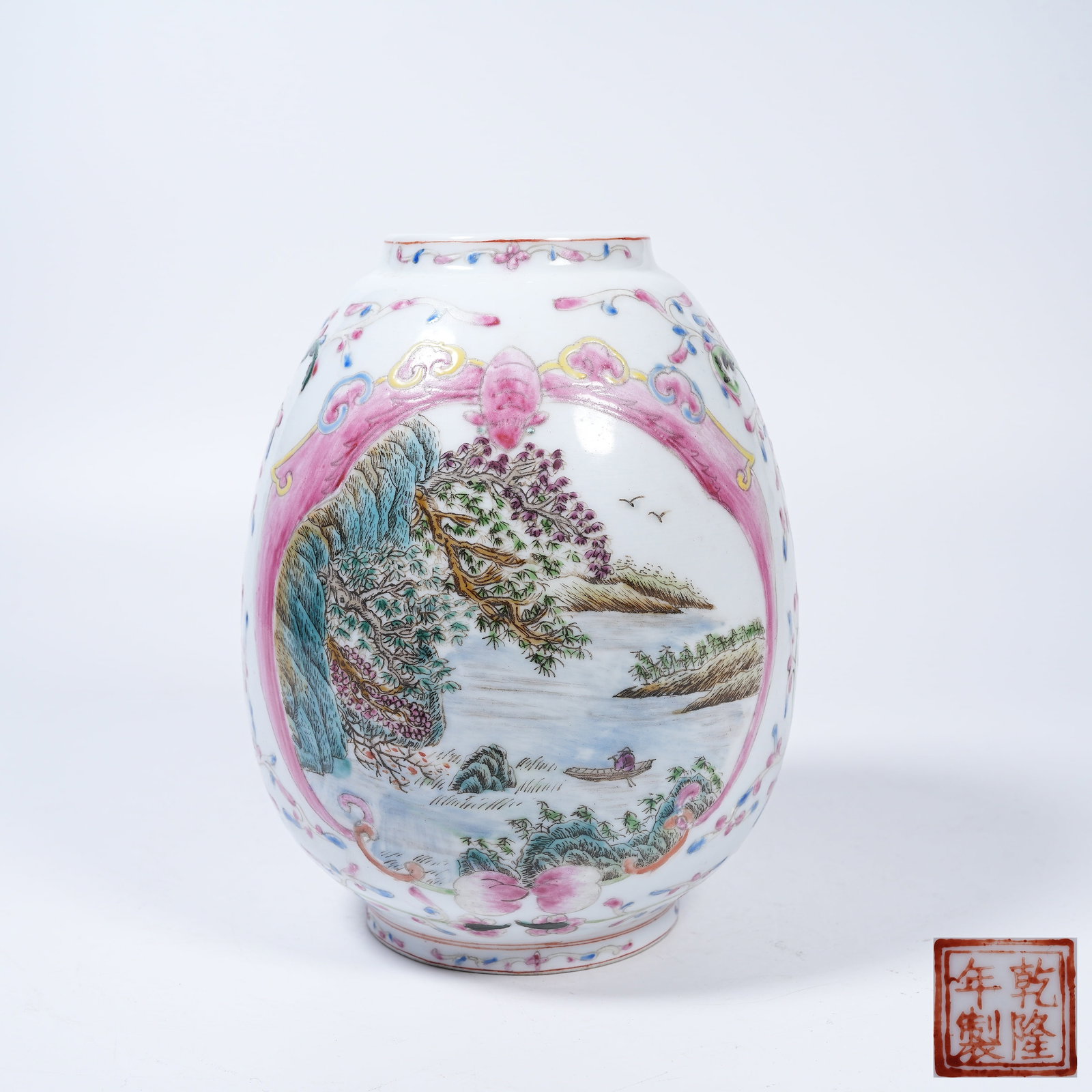 A FAMILLE ROSE JAR WITH LANDSCAPE PATTERNS: Famille Rose Jar with Landscape Patterns