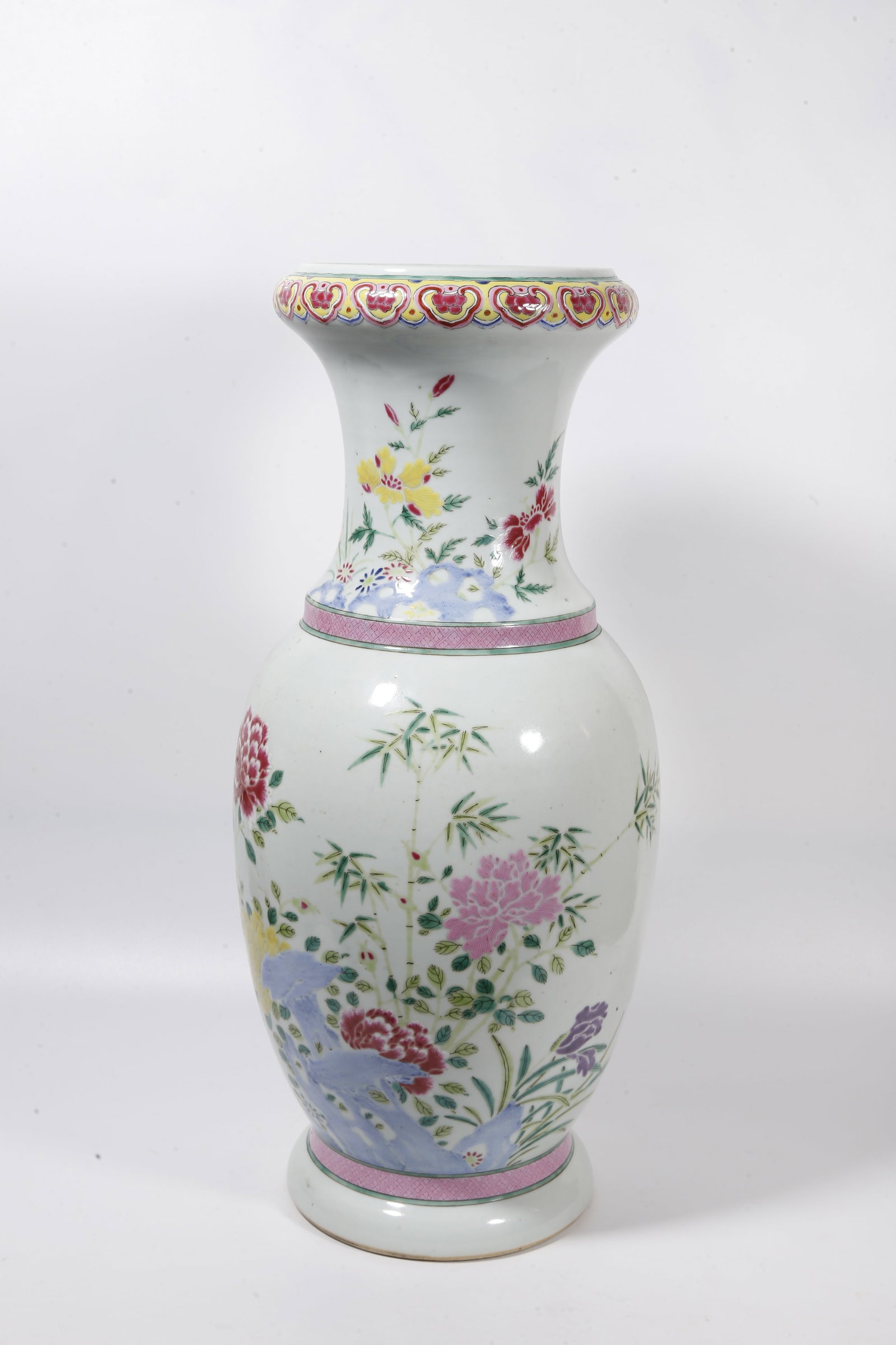 A FAMILLE ROSE OFFICIAL VASE WITH FLOWER AND BUTTERFLY PATTERNS: Famille Rose Official Vase with Flower and Butterfly Patterns
