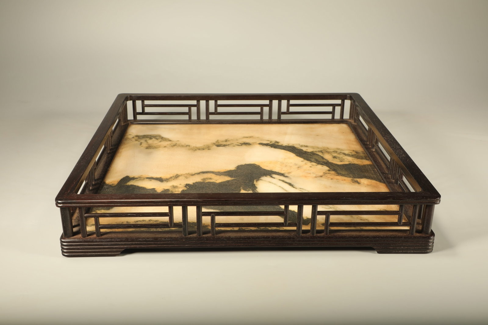 A RED SANDALWOOD TEA TRAY INLAID WITH CLOUD MARBLE (1 of 6)