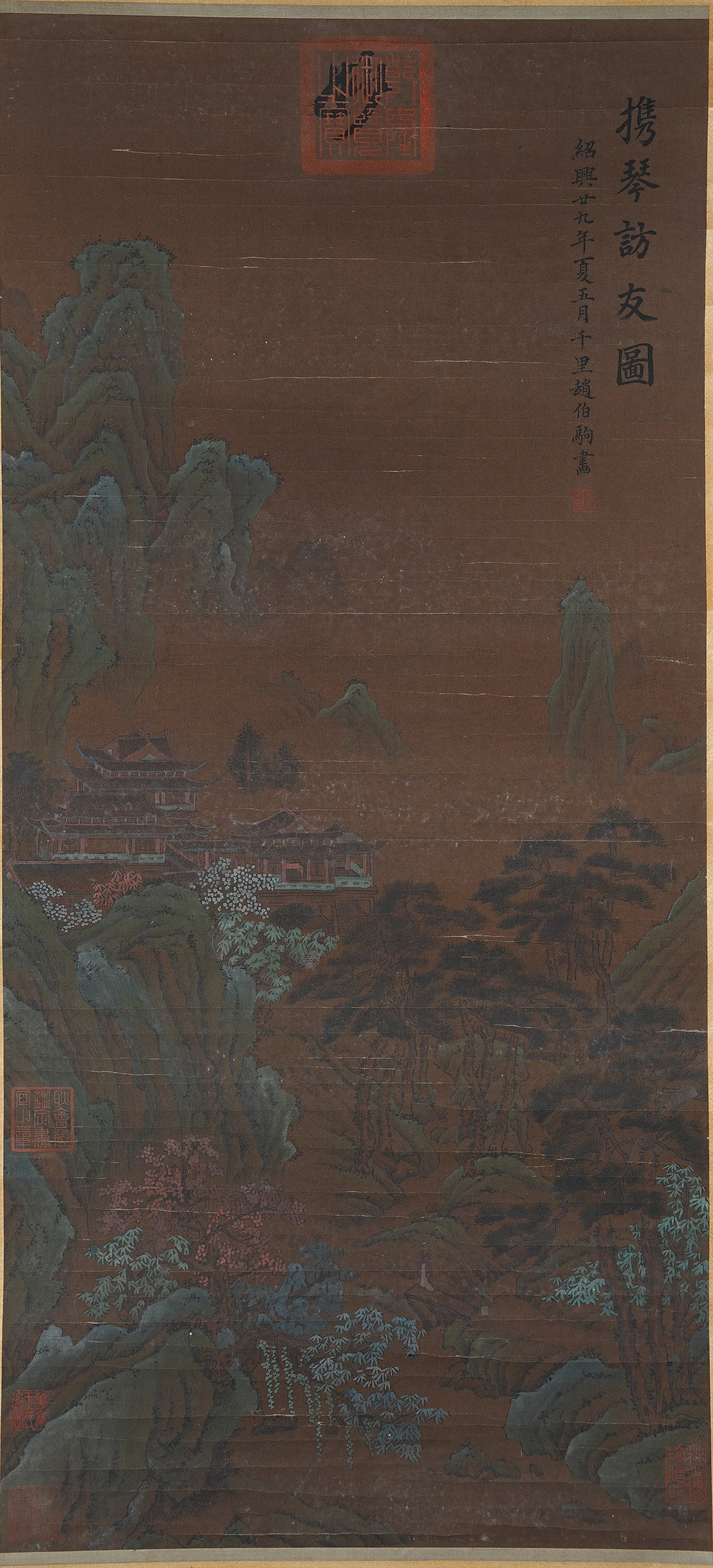 A PAINTING OF VISITING FRIEND WITH ZITHER ON SILK BY ZHAO BOJU.趙伯駒 (1 of 9)