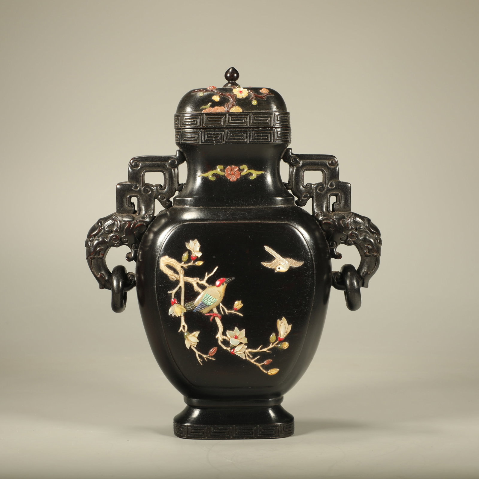 A RED SANDALWOOD VASE INLAID WITH HUNDRED TREASURES AND FLOWER-AND-BIRD MOTIFS (1 of 6)