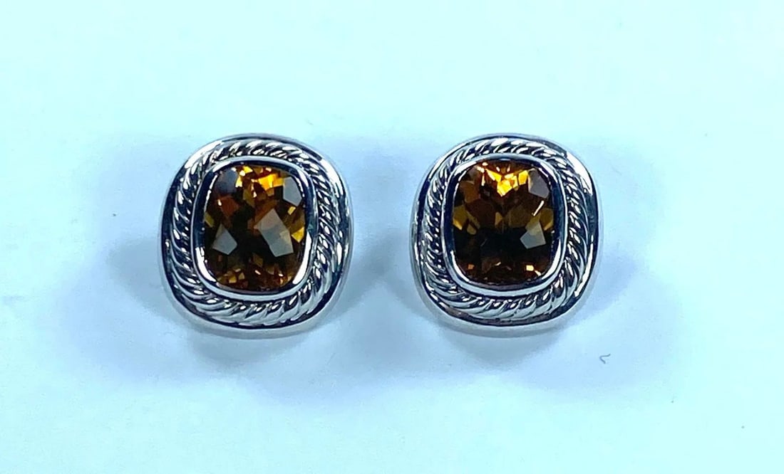 CLIP-ON EARRINGS FEATURING A STERLING (925) SILVER ROPE BEZEL WITH CHEQUERBOARD-CUT CITRINES (PAIR) (1 of 5)