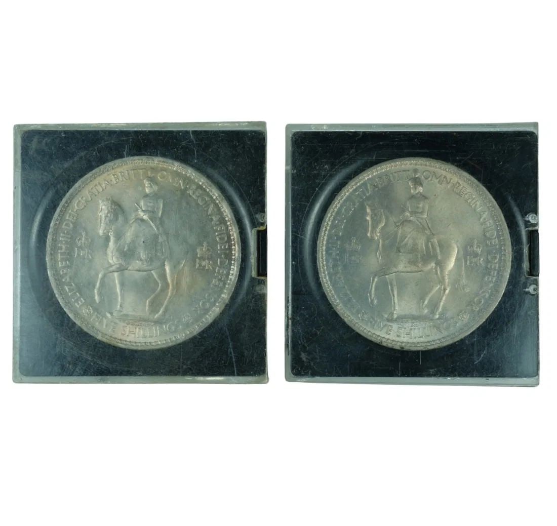 GREAT BRITAIN 1953 QEII 'CORONATION' CU-NI CROWNS, UNCIRCULATED (2 COINS): Great Britain 1953 QEII 'Coronation' Cu-Ni Crowns, Uncirculated (2 coins)