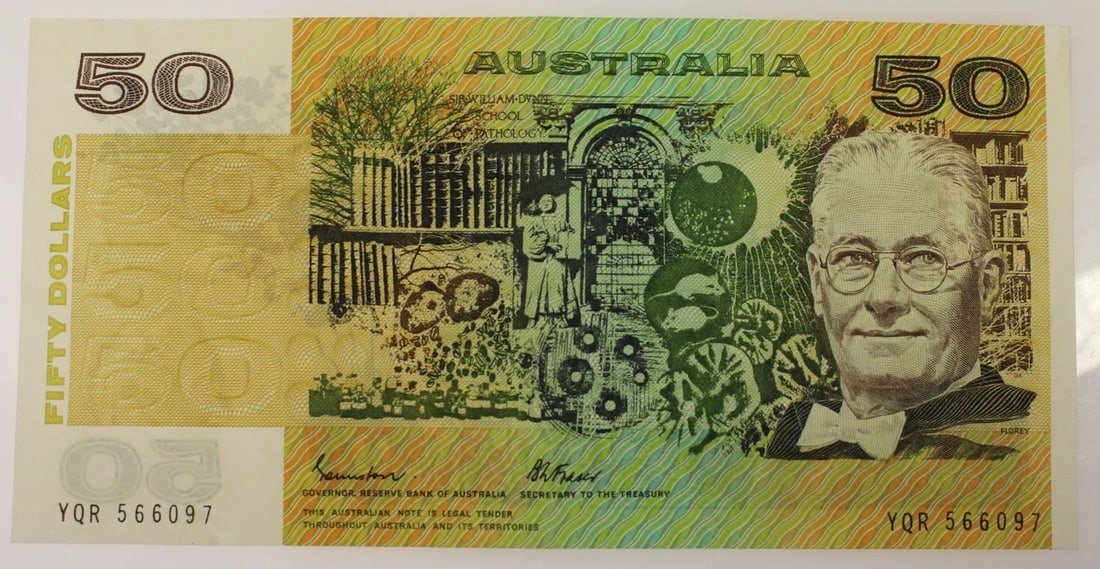 AUSTRALIA 'JOHNSTON - FRASER' GOTHIC $50 (1985), ABOUT UNCIRCULATED OPQ: Renniks# 509a : Serial# YQR 566097ConditionO(riginal) P(aper) Q(uality)MediumCoins, Monies & StampsExhibitedPaper Money, Australia & New Zealand