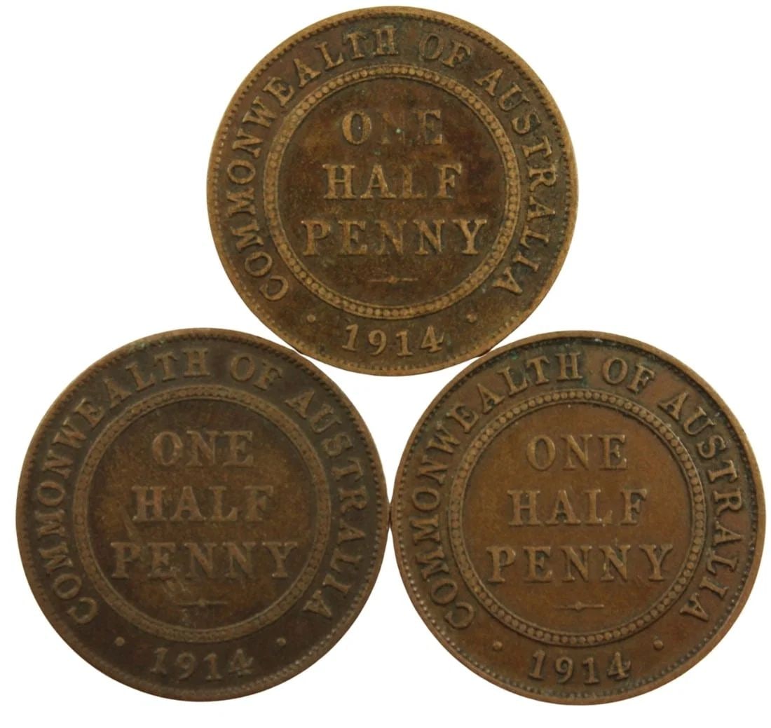 AUSTRALIA 1914 (L) HALFPENNIES, VG/FINE OR BETTER (3 COINS): Australia 1914 (L) Halfpennies, VG/Fine or better (3 coins)
