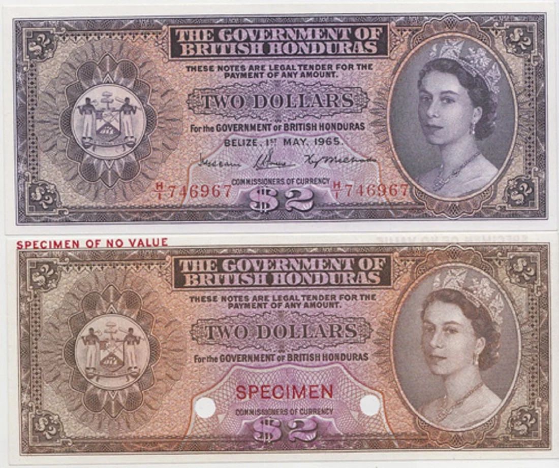 BRITISH HONDURAS (1965) $2 & 'BROWN SPECIMEN - COLOUR TRIAL' $2, BOTH UNCIRCULATED OPQ: Pick# 29 The second like Pick# 29 excepting brown not purple being the major colourConditionO(riginal) P(aper) Q(uality)MediumCoins, Monies & StampsExhibitedPaper Money, World