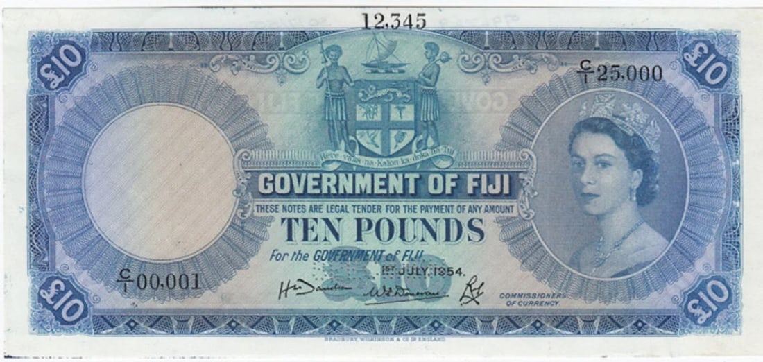 FIJI '1ST JULY 1954' 'SPECIMEN' ?10, GOOD EXTREMELY FINE OPQ: Pick# 55s : Serial# 123345 'Davidson - Donovan - Davis' signaturesConditionOriginal Paper Quality. 0796249 30/7/55 in Indian ink on reverse top borderMediumCoins, Monies & StampsExhibitedPaper Money, 