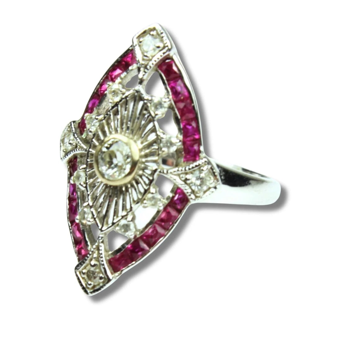 DECO-STYLE RUBY & DIAMOND RING IN 9CT WHITE GOLD (1 of 4)
