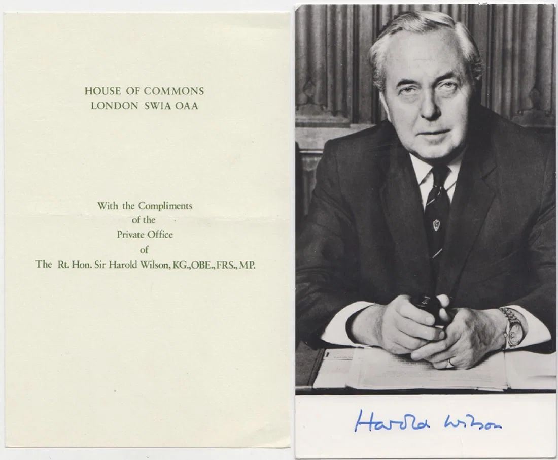 GREAT BRITAIN HAROLD WILSON SIGNED PHOTOGRAPH WITH PRINTED NOTE ON HOUSE OF COMMONS LETTERHEAD (1 of 1)