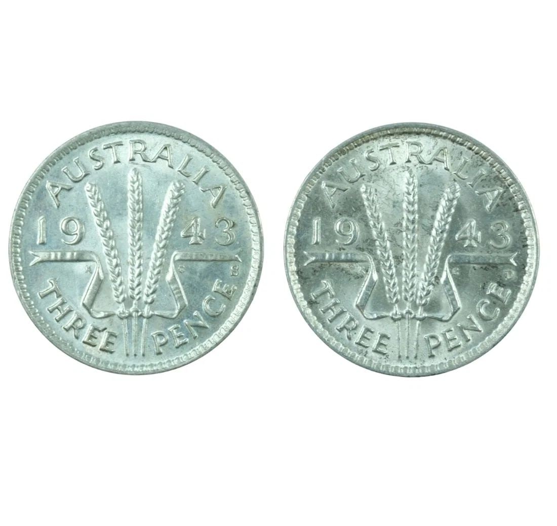 AUSTRALIA 1943 S & D SILVER (925) THREEPENCES, CHOICE UNCIRCULATED (2 COINS): Australia 1943 S & D Silver (925) Threepences, Choice Uncirculated (2 coins)