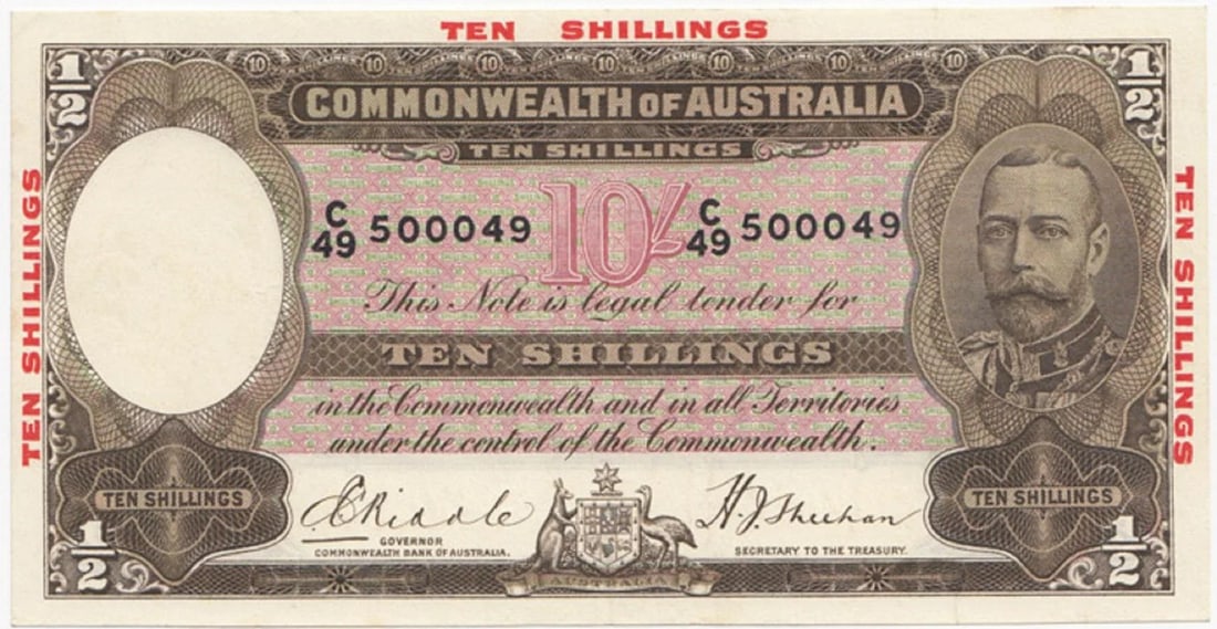 AUSTRALIA 'RIDDLE - SHEEHAN' 10/- (1934), GOOD EXTREMELY FINE DETAILS (PRESENTS BETTER): Renniks# 10 : Serial# C/49 500049 'Prince of Wales later King Edward VIII' in watermarkConditionLightly flattenedMediumCoins, Monies & Stamps