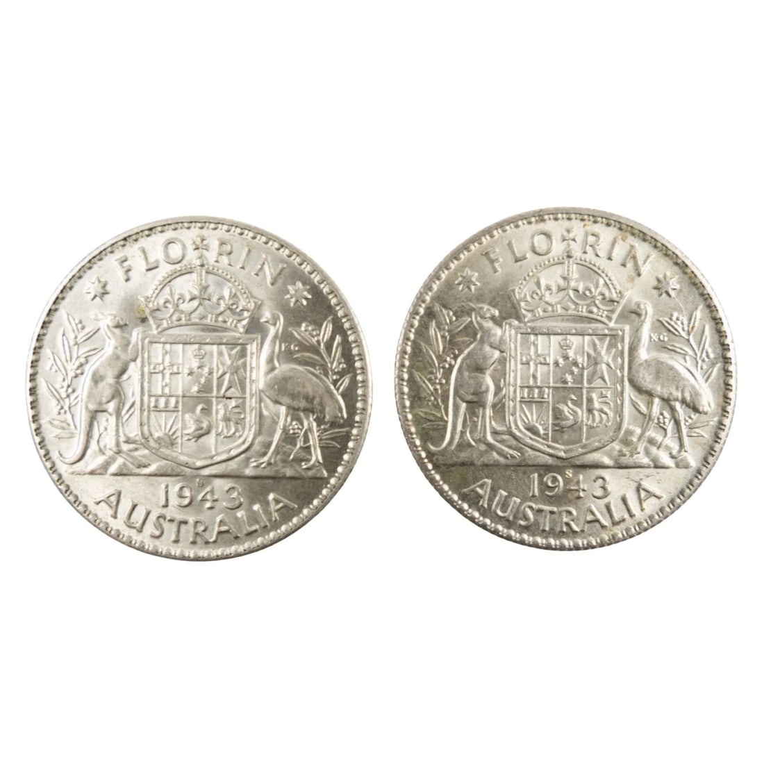 AUSTRALIA 1943 S SILVER (925) FLORINS, CHOICE UNCIRCULATED (2 COINS): Australia 1943 S Silver (925) Florins, Choice Uncirculated (2 coins)