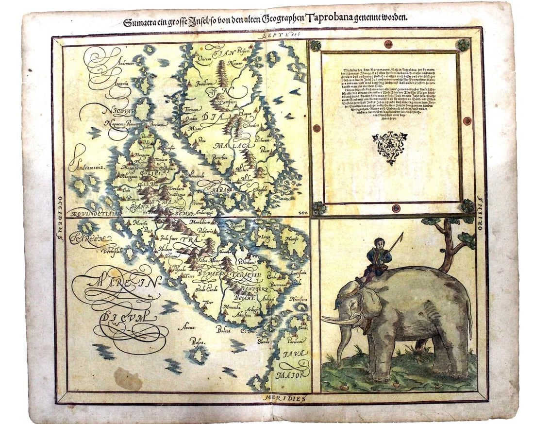 SEBASTIAN MUNSTER'S 1628 COLOURED WOODCUT PRINT OF THE ISLAND OF SUMATRA, ABOUT EXTREMELY FINE (1 of 2)