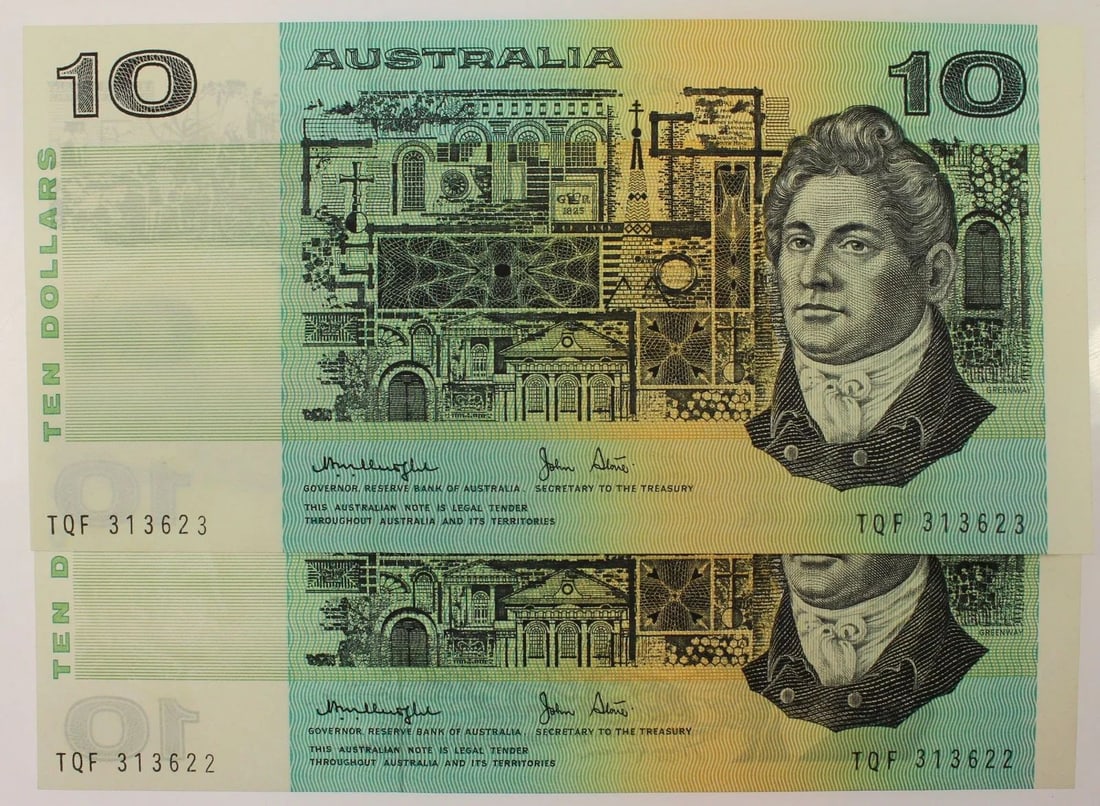 AUSTRALIA 'KNIGHT - STONE' GOTHIC $10 (1979), UNCIRCULATED OPQ (CONSECUTIVE PAIR): Renniks# 307a : Serial# TCY 555717ConditionO(riginal) P(aper) Q(uality)MediumCoins, Monies & StampsExhibitedPaper Money, Australia & New Zealand