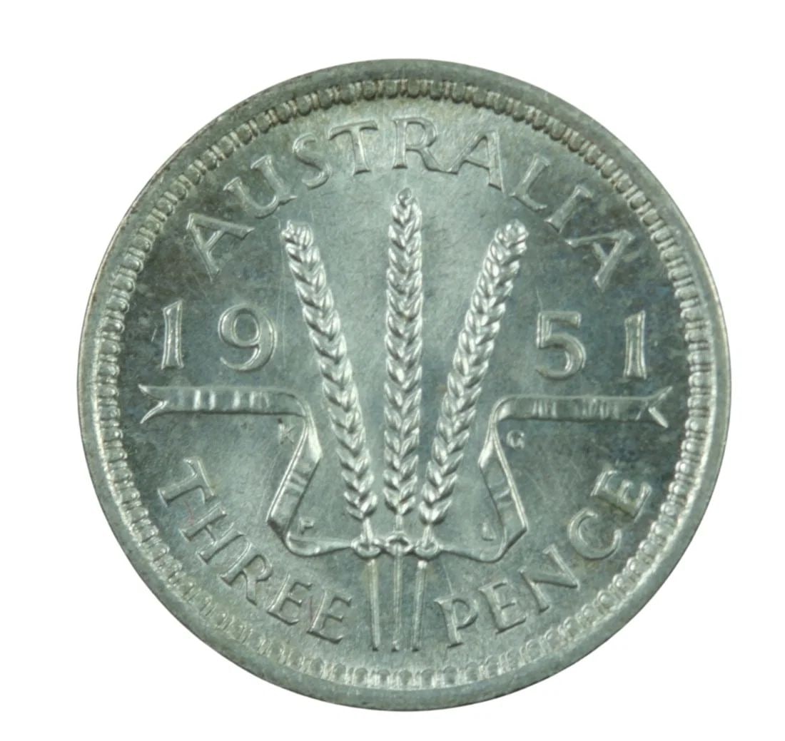 AUSTRALIA 1951 PL SILVER (500) THREEPENCE, CHOICE UNCIRCULATED: Australia 1951 PL Silver (500) Threepence, Choice Uncirculated