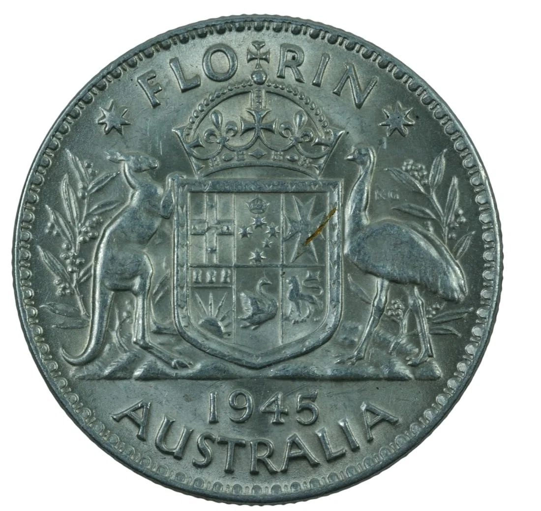 AUSTRALIA 1945 SILVER (925) FLORIN, UNCIRCULATED: Australia 1945 Silver (925) Florin, Uncirculated