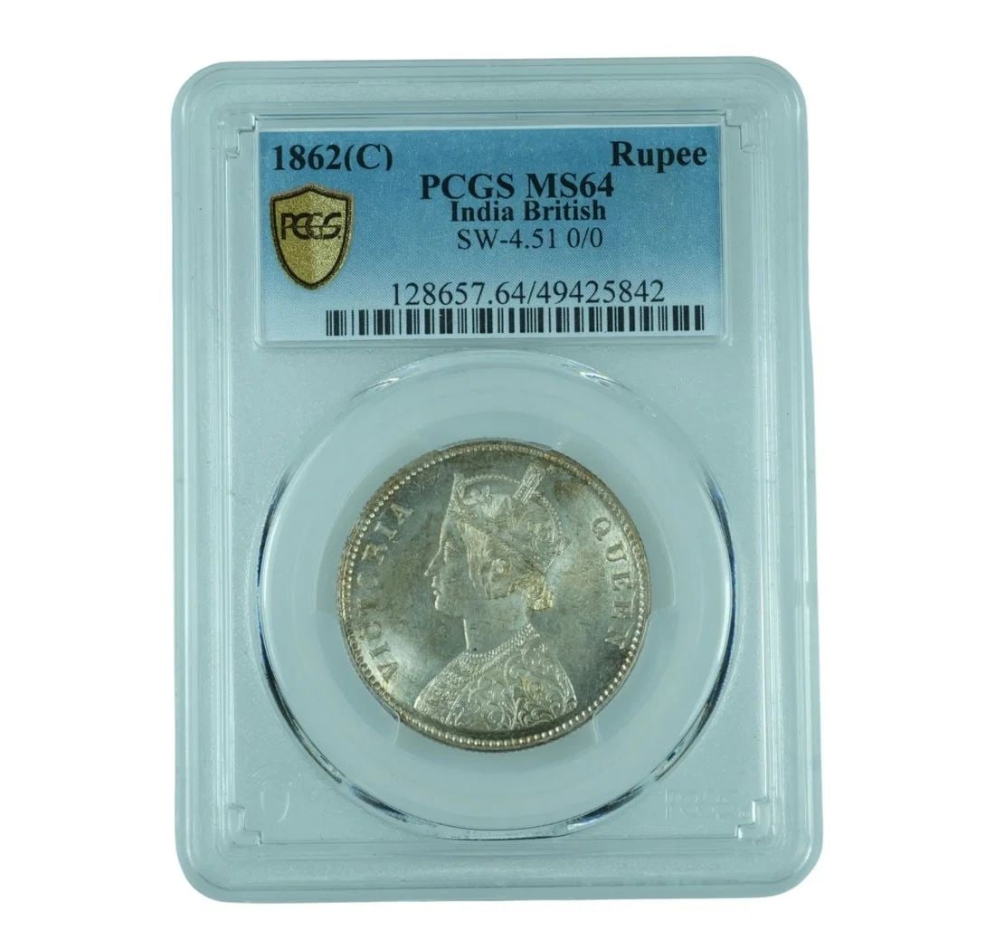 INDIA (BRITISH) 1862 (C) SILVER (917) RUPEE, PCGS MS64 (POPULATION 9) (1 of 2)