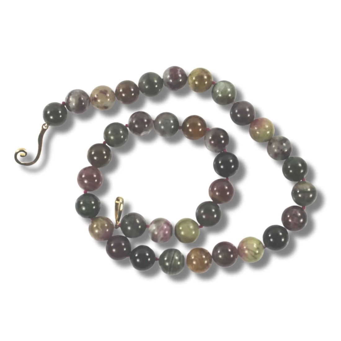 MULTI-COLOURED TOURMALINE BEAD NECKLACE WITH GILT STERLING SILVER CLASP: Multi-coloured Tourmaline Bead Necklace with Gilt Sterling Silver Clasp